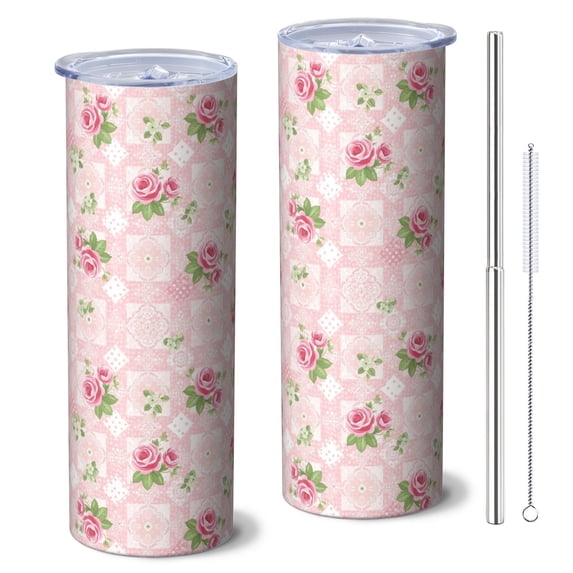 Pioneer Flower Floral Print Pattern 20oz Skinny Tumbler with Straw & Lid, Double Wall Vacuum Insulated Cup, Leak-Proof, Cup Holder Friendly, Hot 6H Cold 12H