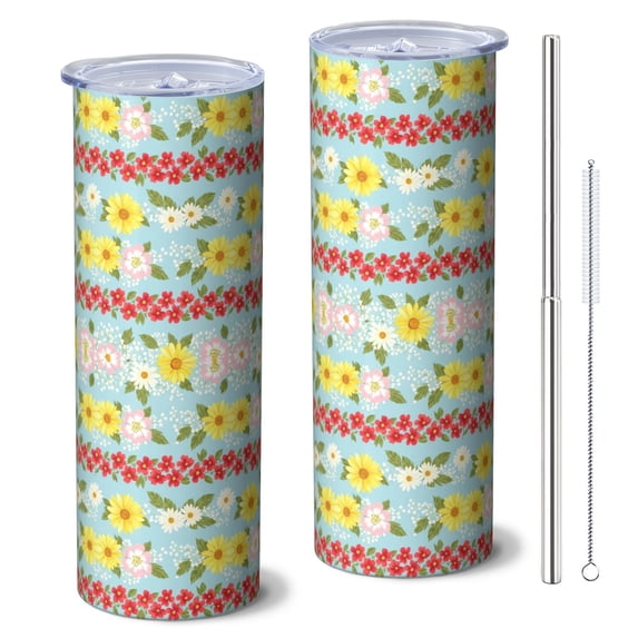 Pioneer Flower Floral Print Pattern 20oz Skinny Tumbler with Straw & Lid, Double Wall Vacuum Insulated Cup, Leak-Proof, Cup Holder Friendly, Hot 6H Cold 12H