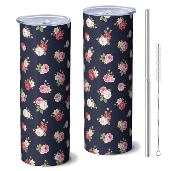 Pioneer Flower Floral Print Pattern 20oz Skinny Tumbler with Straw & Lid, Double Wall Vacuum Insulated Cup, Leak-Proof, Cup Holder Friendly, Hot 6H Cold 12H