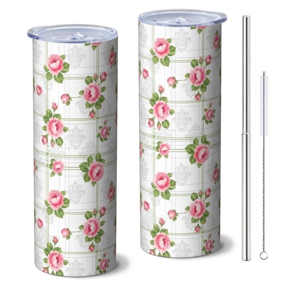 Pioneer Flower Floral Print Pattern 20oz Skinny Tumbler with Straw & Lid, Double Wall Vacuum Insulated Cup, Leak-Proof, Cup Holder Friendly, Hot 6H Cold 12H