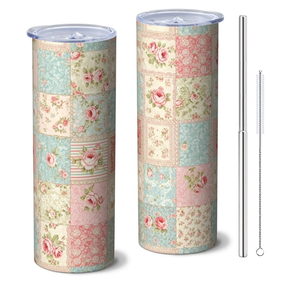 Pioneer Flower Floral Print Pattern 20oz Skinny Tumbler with Straw & Lid, Double Wall Vacuum Insulated Cup, Leak-Proof, Cup Holder Friendly, Hot 6H Cold 12H