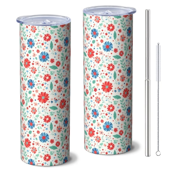 Pioneer Flower Floral Print Pattern 20oz Skinny Tumbler with Straw & Lid, Double Wall Vacuum Insulated Cup, Leak-Proof, Cup Holder Friendly, Hot 6H Cold 12H