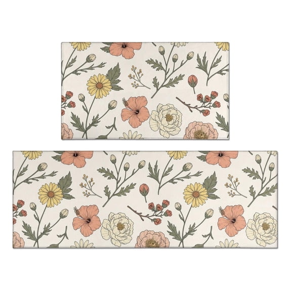 Pioneer Flower Floral Print Pattern Anti Fatigue Kitchen Rugs Set Of 2, Non Slip Washable Decorative Floor Mats for Kitchen Sink Laundry, 17"x30" and 17"x47"