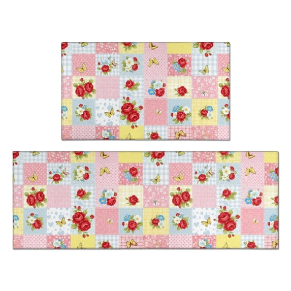Pioneer Flower Floral Print Pattern Anti Fatigue Kitchen Rugs Set Of 2, Non Slip Washable Decorative Floor Mats for Kitchen Sink Laundry, 17"x30" and 17"x47"