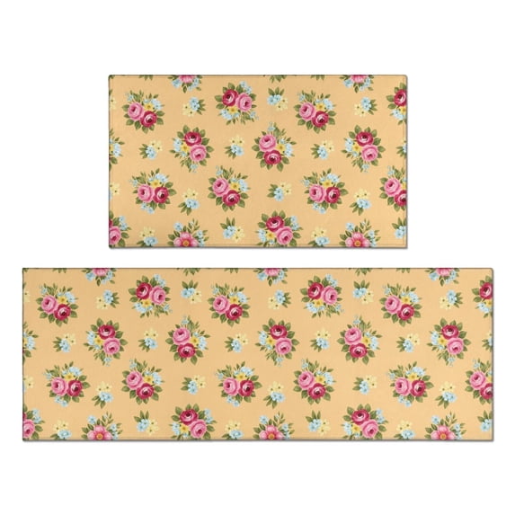 Pioneer Flower Floral Print Pattern Anti Fatigue Kitchen Rugs Set Of 2, Non Slip Washable Decorative Floor Mats for Kitchen Sink Laundry, 17"x30" and 17"x47"