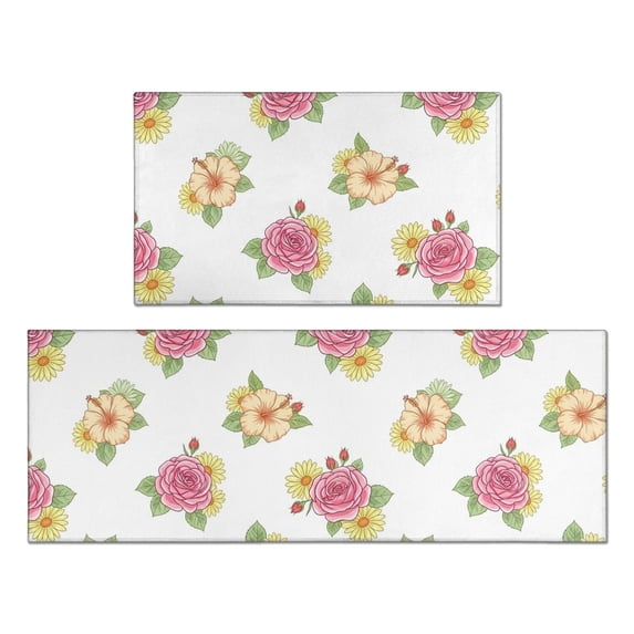 Pioneer Flower Floral Print Pattern Anti Fatigue Kitchen Rugs Set Of 2, Non Slip Washable Decorative Floor Mats for Kitchen Sink Laundry, 17"x30" and 17"x47"