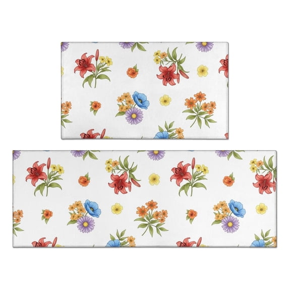 Pioneer Flower Floral Print Pattern Anti Fatigue Kitchen Rugs Set Of 2, Non Slip Washable Decorative Floor Mats for Kitchen Sink Laundry, 17"x30" and 17"x47"