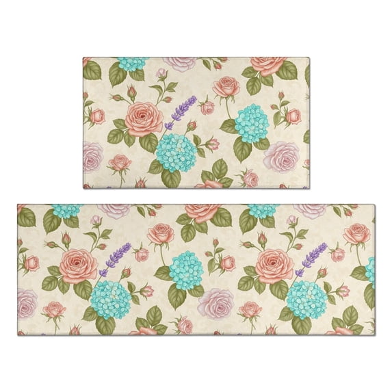 Pioneer Flower Floral Print Pattern Anti Fatigue Kitchen Rugs Set Of 2, Non Slip Washable Decorative Floor Mats for Kitchen Sink Laundry, 17"x30" and 17"x47"