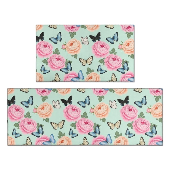 Pioneer Flower Floral Print Pattern Anti Fatigue Kitchen Rugs Set Of 2, Non Slip Washable Decorative Floor Mats for Kitchen Sink Laundry, 17"x30" and 17"x47"
