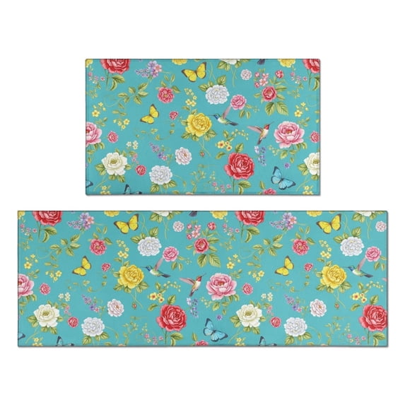 Pioneer Flower Floral Print Pattern Anti Fatigue Kitchen Rugs Set Of 2, Non Slip Washable Decorative Floor Mats for Kitchen Sink Laundry, 17"x30" and 17"x47"