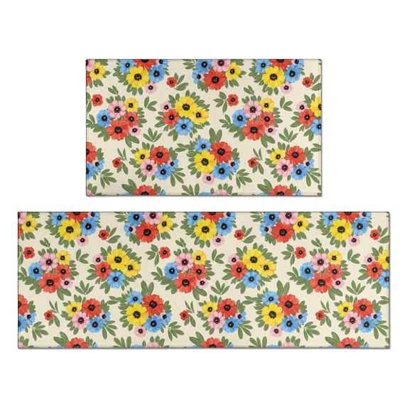Pioneer Flower Floral Print Pattern Anti Fatigue Kitchen Rugs Set Of 2, Non Slip Washable Decorative Floor Mats for Kitchen Sink Laundry, 17"x30" and 17"x47"