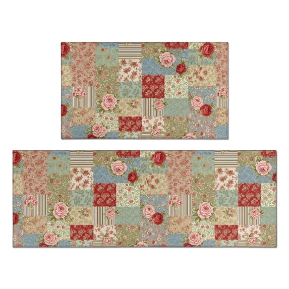 Pioneer Flower Floral Print Pattern Anti Fatigue Kitchen Rugs Set Of 2, Non Slip Washable Decorative Floor Mats for Kitchen Sink Laundry, 17"x30" and 17"x47"