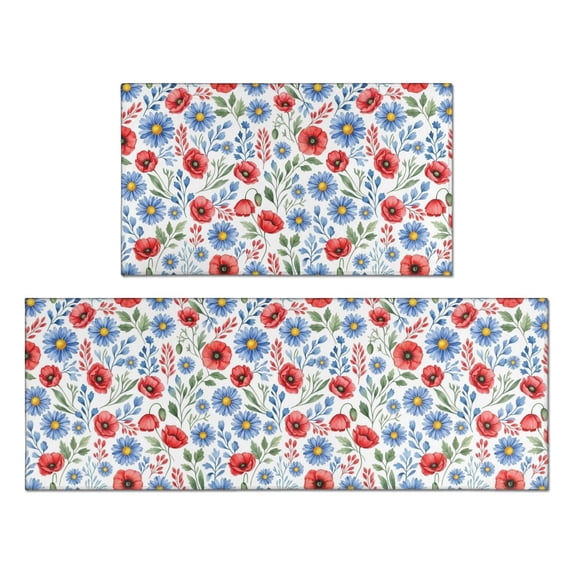 Pioneer Flower Floral Print Pattern Anti Fatigue Kitchen Rugs Set Of 2, Non Slip Washable Decorative Floor Mats for Kitchen Sink Laundry, 17"x30" and 17"x47"