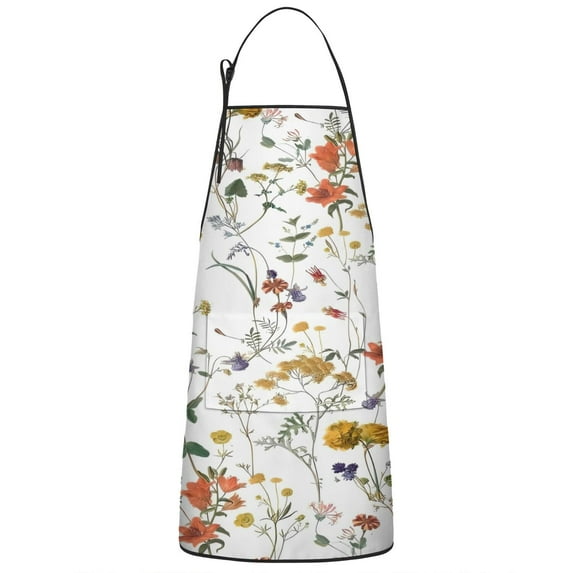 Pioneer Flower Floral Print Pattern Apron-Garden Aprons for Women with Pockets-Cotton Linen Waterproof Kitchen Cooking Gardening Aprons Adjustable for Kitchen,Cooking,BBQ and Salon 33x27 Inch