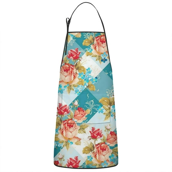 Pioneer Flower Floral Print Pattern Apron-Garden Aprons for Women with Pockets-Cotton Linen Waterproof Kitchen Cooking Gardening Aprons Adjustable for Kitchen,Cooking,BBQ and Salon 33x27 Inch