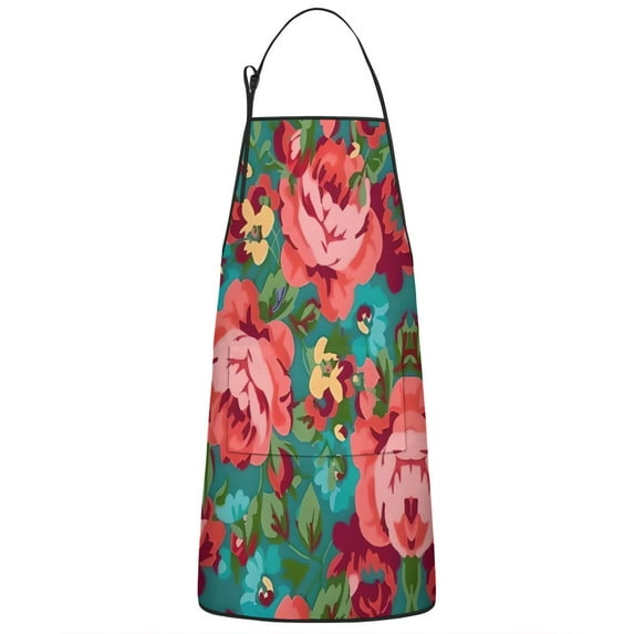 Pioneer Flower Floral Print Pattern Apron-Garden Aprons for Women with Pockets-Cotton Linen Waterproof Kitchen Cooking Gardening Aprons Adjustable for Kitchen,Cooking,BBQ and Salon 33x27 Inch
