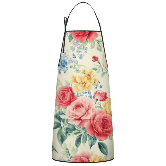 Pioneer Flower Floral Print Pattern Apron-Garden Aprons for Women with Pockets-Cotton Linen Waterproof Kitchen Cooking Gardening Aprons Adjustable for Kitchen,Cooking,BBQ and Salon 33x27 Inch