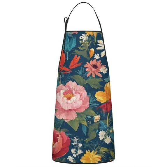 Pioneer Flower Floral Print Pattern Apron-Garden Aprons for Women with Pockets-Cotton Linen Waterproof Kitchen Cooking Gardening Aprons Adjustable for Kitchen,Cooking,BBQ and Salon 33x27 Inch