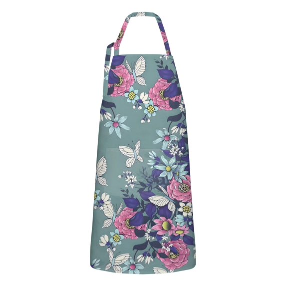 Pioneer Flower Floral Print Pattern Apron-Garden Aprons for Women with Pockets-Cotton Linen Waterproof Kitchen Cooking Gardening Aprons Adjustable for Kitchen,Cooking,BBQ and Salon 33x27 Inch