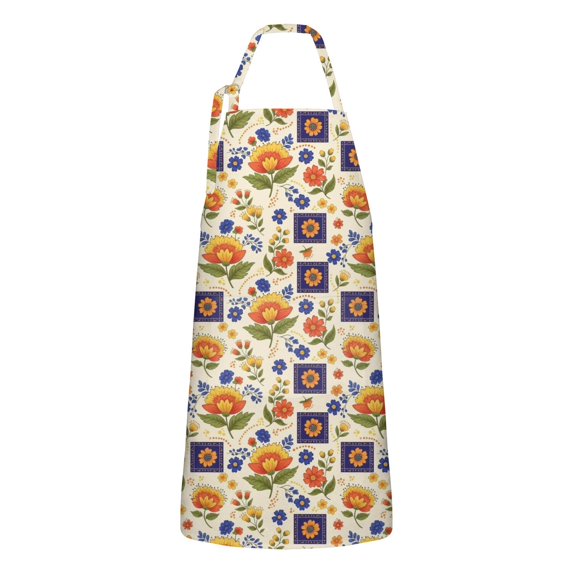 Pioneer Flower Floral Print Pattern Apron for Women and Men, Cotton Linen Waterproof with Pockets, Adjustable, 33x27 Inch for Kitchen, Gardening, BBQ, Salon