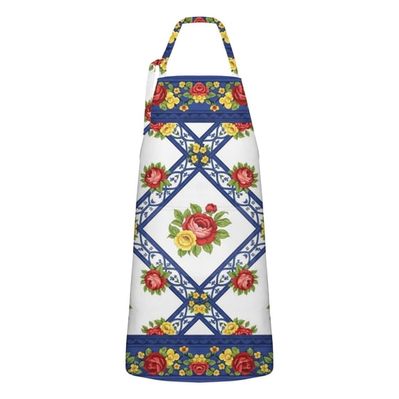 Pioneer Flower Floral Print Pattern Apron for Women and Men, Cotton Linen Waterproof with Pockets, Adjustable, 33x27 Inch for Kitchen, Gardening, BBQ, Salon