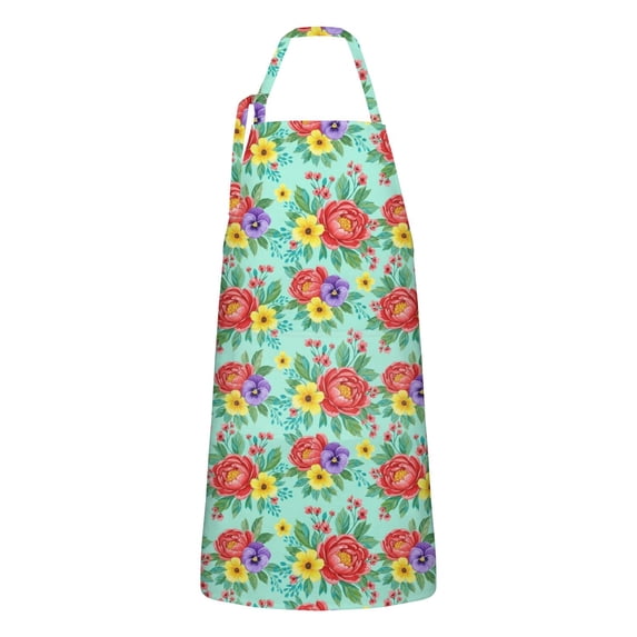 Pioneer Flower Floral Print Pattern Apron for Women and Men, Cotton Linen Waterproof with Pockets, Adjustable, 33x27 Inch for Kitchen, Gardening, BBQ, Salon