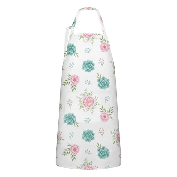 Pioneer Flower Floral Print Pattern Apron for Women and Men, Cotton Linen Waterproof with Pockets, Adjustable, 33x27 Inch for Kitchen, Gardening, BBQ, Salon