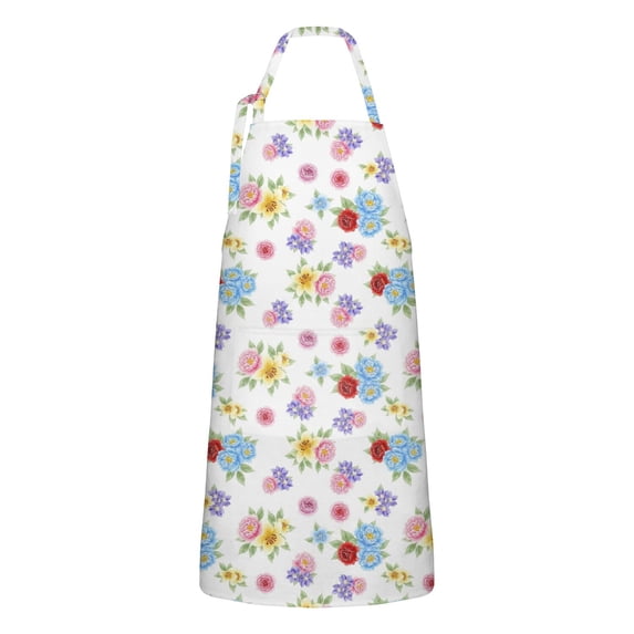 Pioneer Flower Floral Print Pattern Apron for Women and Men, Cotton Linen Waterproof with Pockets, Adjustable, 33x27 Inch for Kitchen, Gardening, BBQ, Salon