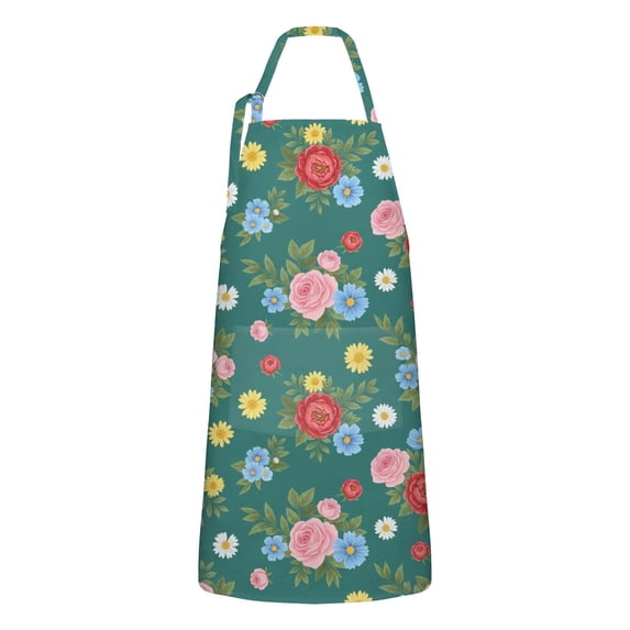 Pioneer Flower Floral Print Pattern Apron for Women and Men, Cotton Linen Waterproof with Pockets, Adjustable, 33x27 Inch for Kitchen, Gardening, BBQ, Salon