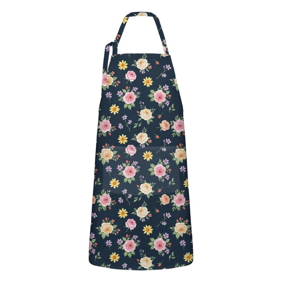 Pioneer Flower Floral Print Pattern Apron for Women and Men, Cotton Linen Waterproof with Pockets, Adjustable, 33x27 Inch for Kitchen, Gardening, BBQ, Salon