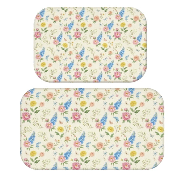 Pioneer Flower Floral Print Pattern Bath Mat Set Of 2,Non-Slip Rug for Bathroom,Kitchen,Bedroom,Entrance, 30x17 and 23.5x15.7 Inches
