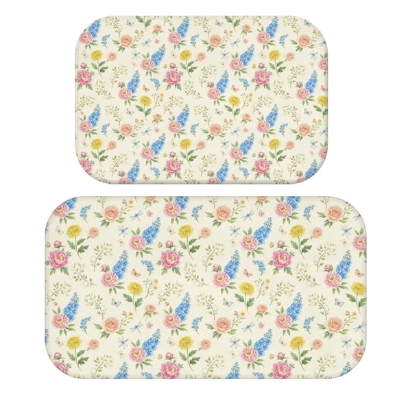 Pioneer Flower Floral Print Pattern Bath Mat Set Of 2,Non-Slip Rug for Bathroom,Kitchen,Bedroom,Entrance, 30x17 and 23.5x15.7 Inches
