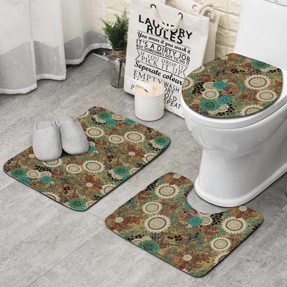 Pioneer Flower Floral Print Pattern Bathroom Rug Set 3 Piece, Flannel Bathroom Shower Mats with Non Slip Backing, Water Absorbent Gifts for Bathroom Shower Room
