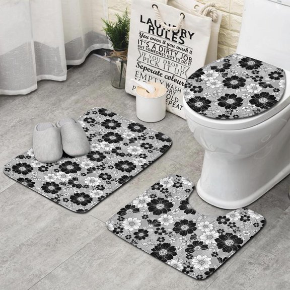 Pioneer Flower Floral Print Pattern Bathroom Rug Set 3 Piece, Flannel U-shaped Toilet Mat with Non Slip Backing, Soft Wear Resistant Gifts for Bathroom Shower Room