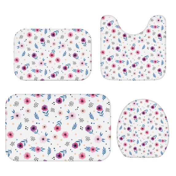 Pioneer Flower Floral Print Pattern Bathroom Rug Set 4 Piece,Includes Contour,Lid Cover,Bath Mat,Non-Slip Extra Soft Absorbent Washable