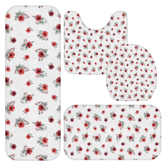 Pioneer Flower Floral Print Pattern Bathroom Rug Set 4 Piece,Includes Contour,Lid Cover,Bath Mat,Non-Slip Extra Soft Absorbent Washable