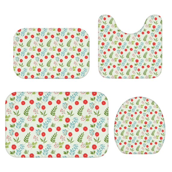 Pioneer Flower Floral Print Pattern Bathroom Rug Set 4 Piece,Includes Contour,Lid Cover,Bath Mat,Non-Slip Extra Soft Absorbent Washable