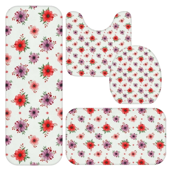 Pioneer Flower Floral Print Pattern Bathroom Rug Set 4 Piece,Includes Contour,Lid Cover,Bath Mat,Non-Slip Extra Soft Absorbent Washable