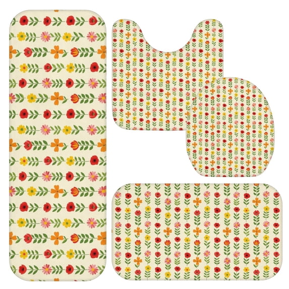 Pioneer Flower Floral Print Pattern Bathroom Rug Set 4 Piece,Includes Contour,Lid Cover,Bath Mat,Non-Slip Extra Soft Absorbent Washable