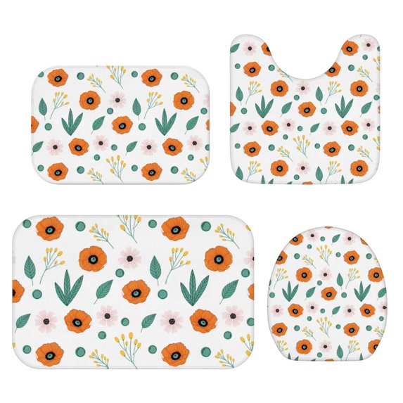 Pioneer Flower Floral Print Pattern Bathroom Rug Set 4 Piece,Includes Contour,Lid Cover,Bath Mat,Non-Slip Extra Soft Absorbent Washable