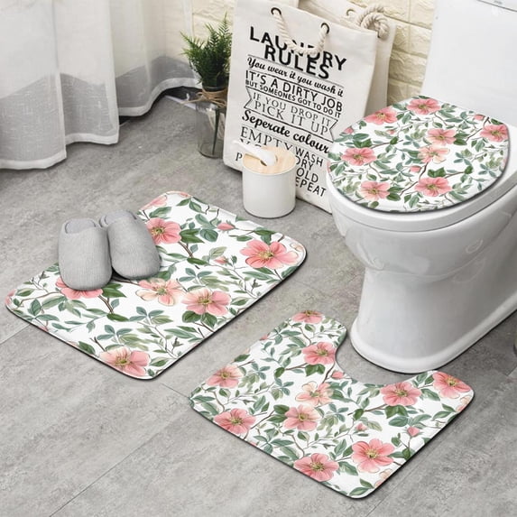 Pioneer Flower Floral Print Pattern Bathroom Rugs Sets 3 Piece,Toilet Cover Set,Absorbent Non Slip Bathroom Mats Sets with U-Shaped Contour Rug Toilet Rug Set