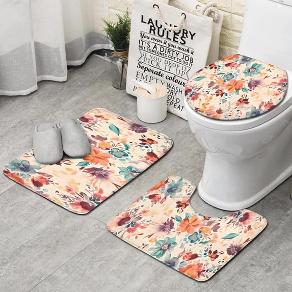 Pioneer Flower Floral Print Pattern Bathroom Rugs Sets 3 Piece,Toilet Cover Set,Absorbent Non Slip Bathroom Mats Sets with U-Shaped Contour Rug Toilet Rug Set