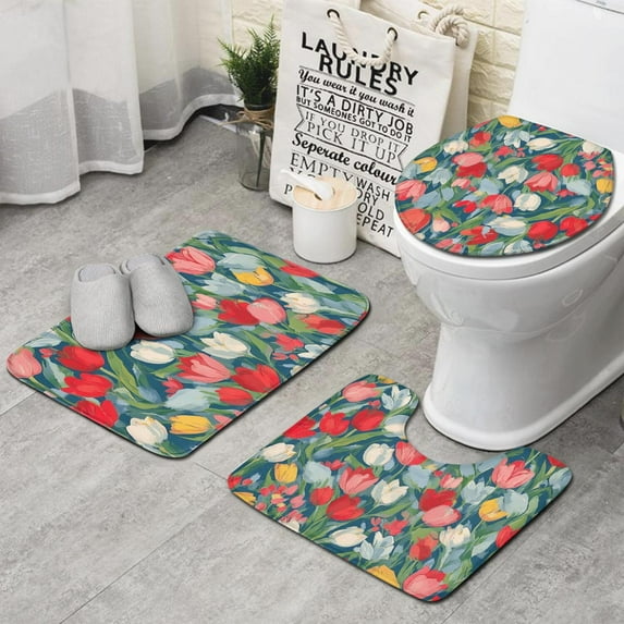 Pioneer Flower Floral Print Pattern Bathroom Rugs Sets 3 Piece,Toilet Cover Set,Absorbent Non Slip Bathroom Mats Sets with U-Shaped Contour Rug Toilet Rug Set