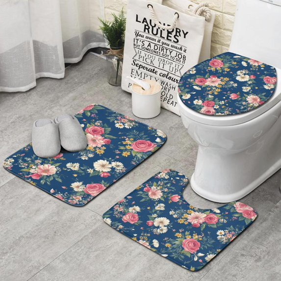 Pioneer Flower Floral Print Pattern Bathroom Rugs Sets 3 Piece,Toilet Cover Set,Absorbent Non Slip Bathroom Mats Sets with U-Shaped Contour Rug Toilet Rug Set