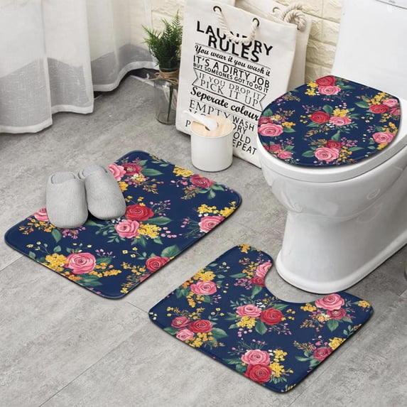 Pioneer Flower Floral Print Pattern Bathroom Rugs Sets 3 Piece,Toilet Cover Set,Absorbent Non Slip Bathroom Mats Sets with U-Shaped Contour Rug Toilet Rug Set