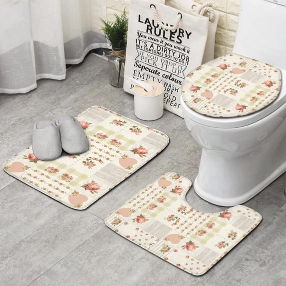 Pioneer Flower Floral Print Pattern Bathroom Rugs Sets 3 Piece,Toilet Cover Set,Absorbent Non Slip Bathroom Mats Sets with U-Shaped Contour Rug Toilet Rug Set