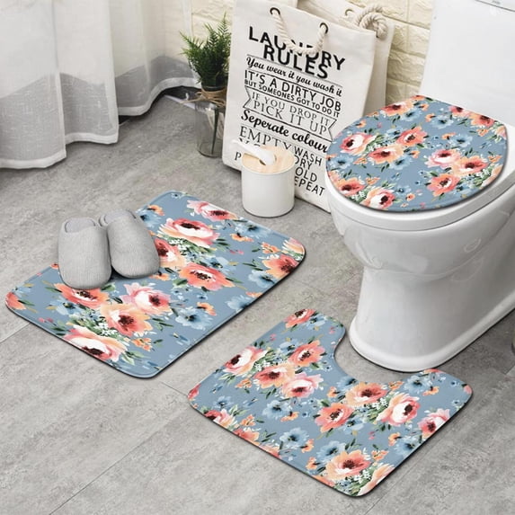 Pioneer Flower Floral Print Pattern Bathroom Rugs Sets 3 Piece,Toilet Cover Set,Absorbent Non Slip Bathroom Mats Sets with U-Shaped Contour Rug Toilet Rug Set