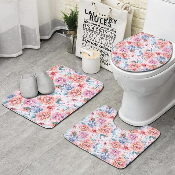 Pioneer Flower Floral Print Pattern Bathroom Rugs Sets 3 Piece,Toilet Cover Set,Absorbent Non Slip Bathroom Mats Sets with U-Shaped Contour Rug Toilet Rug Set