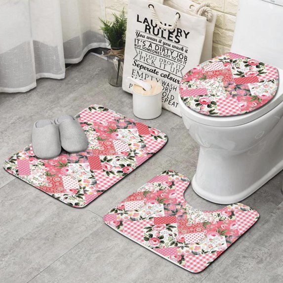 Pioneer Flower Floral Print Pattern Bathroom Rugs Sets 3 Piece,Toilet Cover Set,Absorbent Non Slip Bathroom Mats Sets with U-Shaped Contour Rug Toilet Rug Set