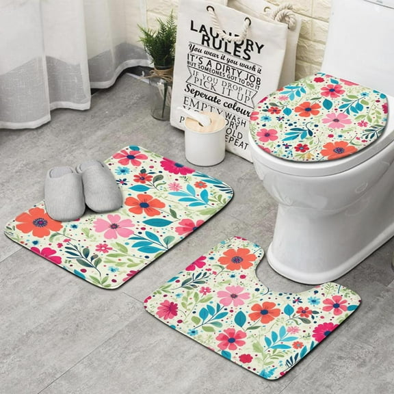 Pioneer Flower Floral Print Pattern Bathroom Rugs Sets 3 Piece,Toilet Cover Set,Absorbent Non Slip Bathroom Mats Sets with U-Shaped Contour Rug Toilet Rug Set